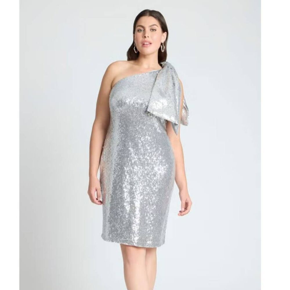NWT Eloquii Plus Size 20 Bow Shoulder Sequin Mini Dress in Silver